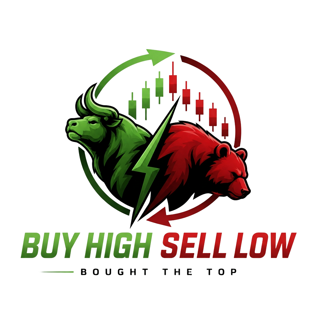 Logo Buy High Sell Low met een groene stier, rode beer en beursgrafiek