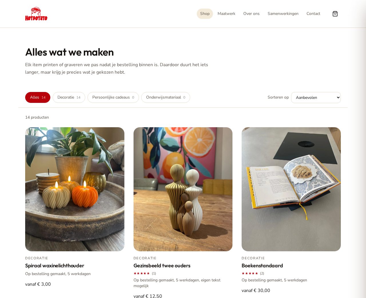 Webshop van Hotpotato Studios met 3D-geprinte decoratie en cadeaus